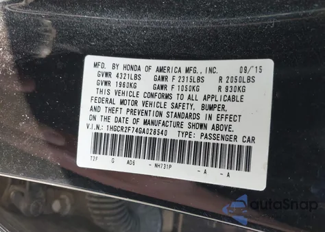 2016 Honda Accord Ex z USA, uszkodzony, nr VIN 1HGCR2F74GA028540